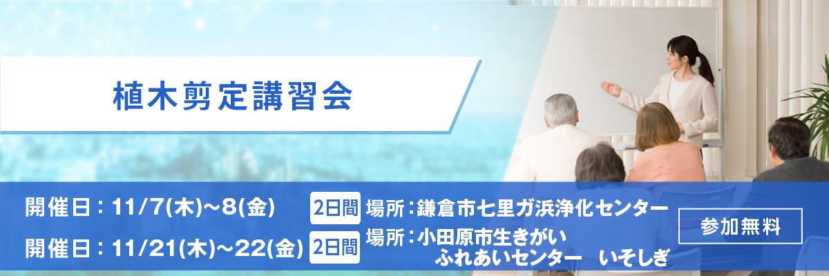 植木剪定講習会 開催日：11/21(木)～22(金) 場所：小田原市生きがいふれあいセンター いそしぎ 参加無料